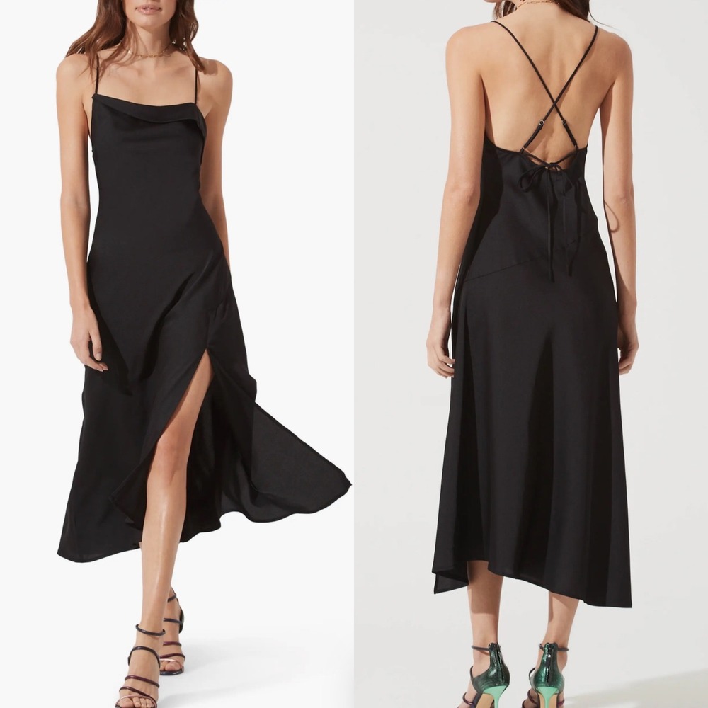 ASTR Cowl Neck Satin Midi Dress Black Womens Size‎ Medium NEW Drape Y2K Slit NWT